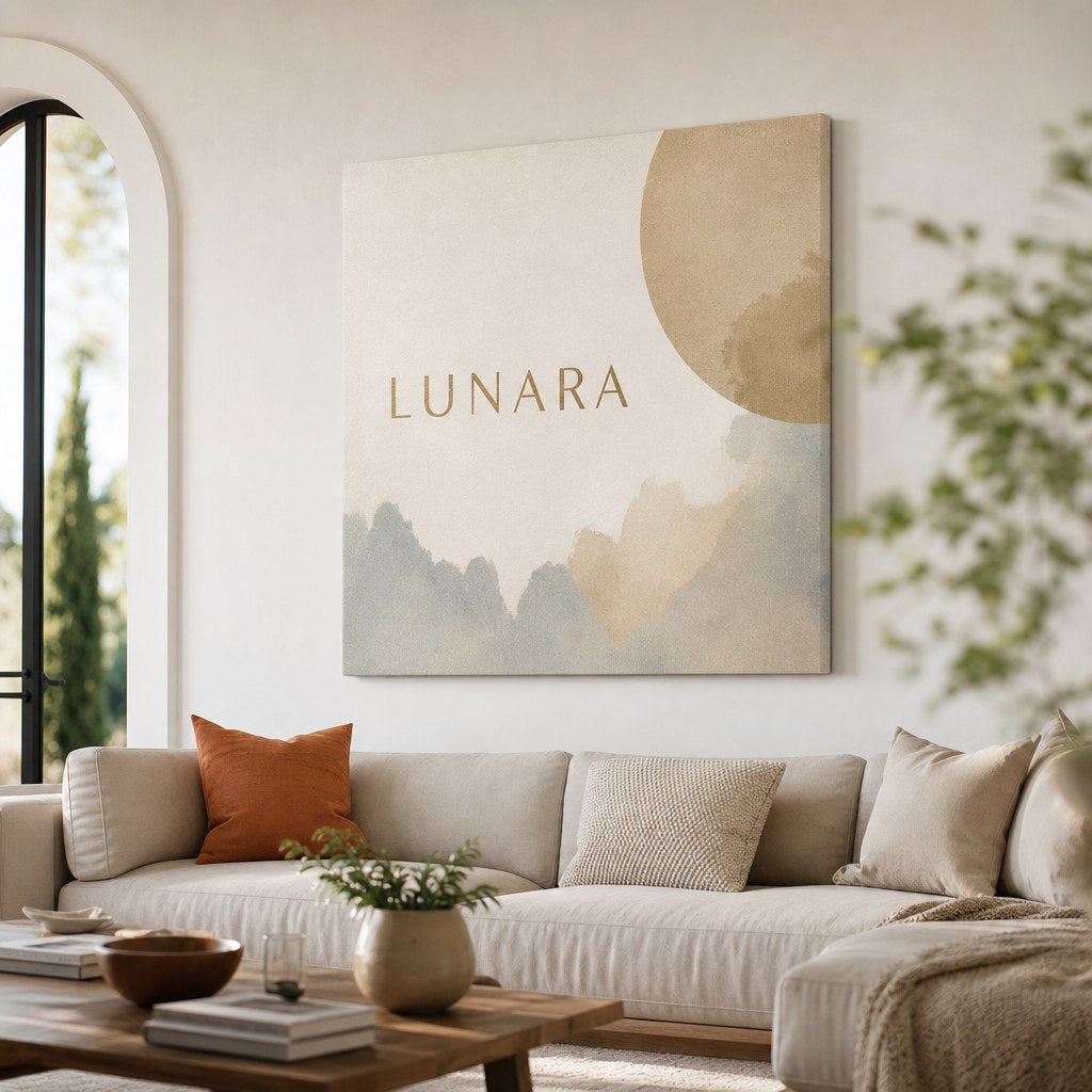 Canvas Prints – in use: A large canvas print above a sofa in a bright villa living room