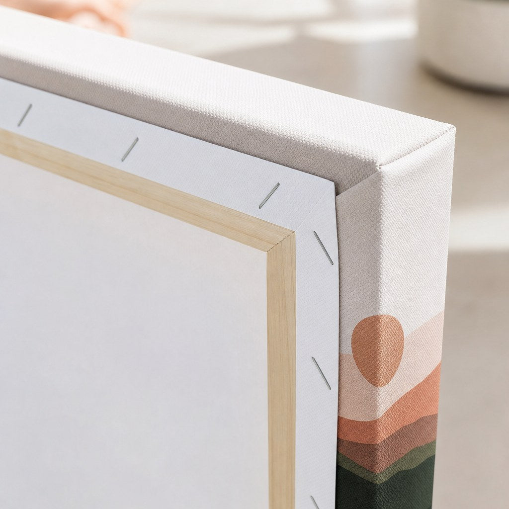 Canvas Prints – close-up: The back corner of a canvas print showing the image wrapped around the wooden stretcher frame