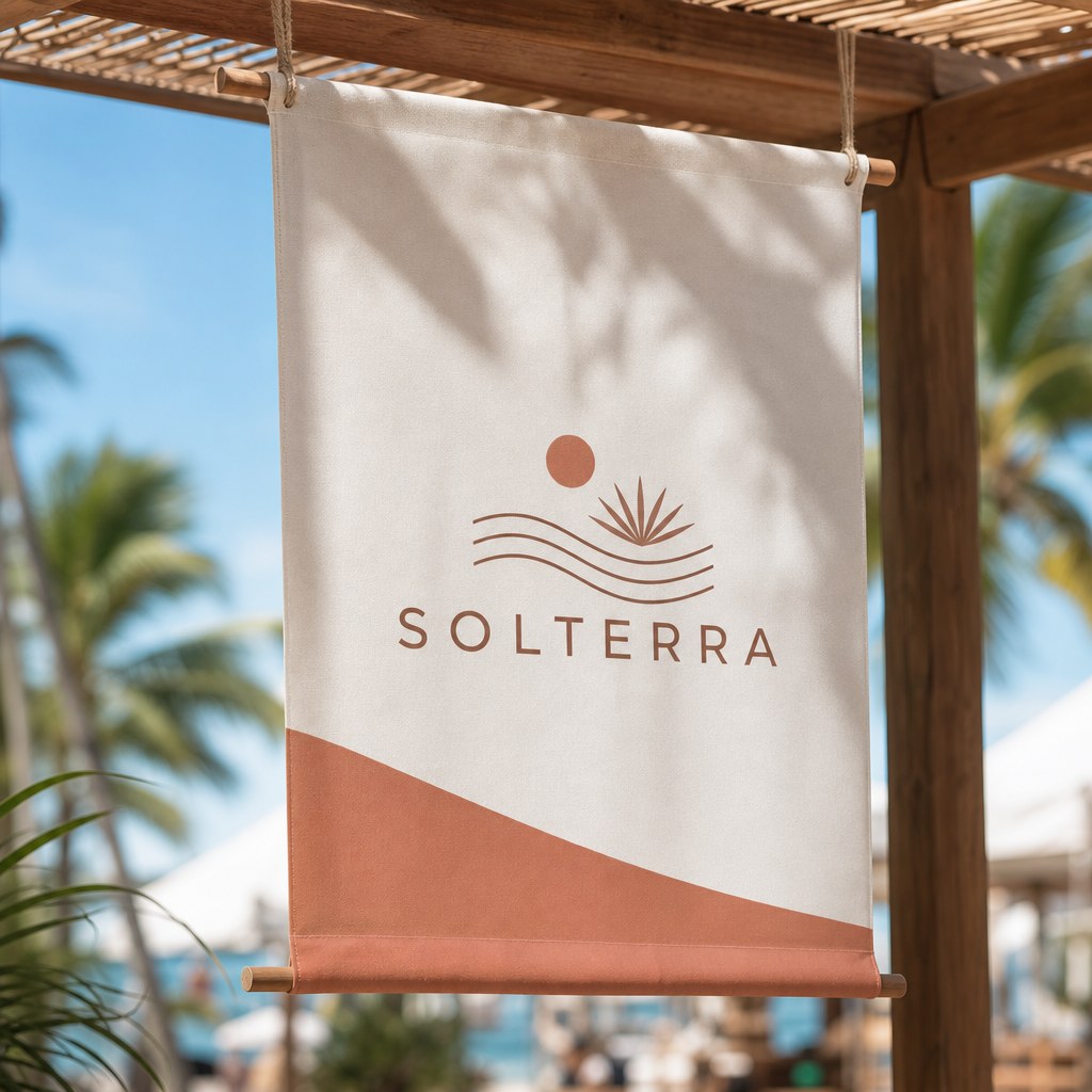 Vinyl Banners – in use: A banner hanging at a beach event with palm trees and blue sky