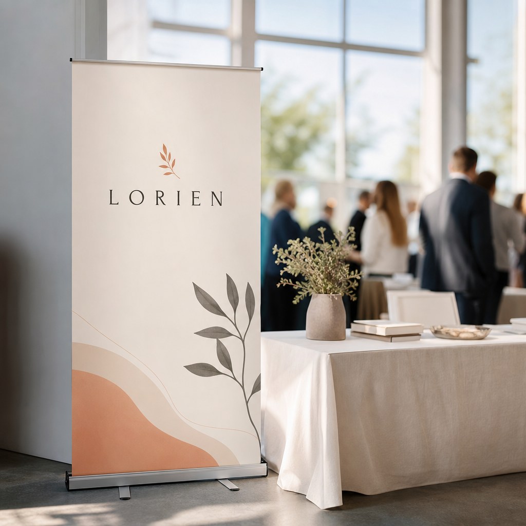 Roll-Up & X-Banners – in use: A roll-up banner beside a trade-show table with people out of focus