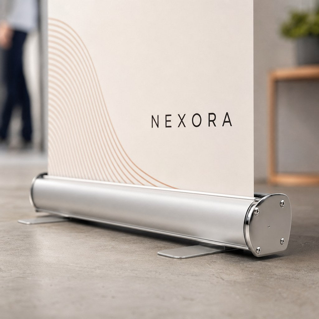 Roll-Up & X-Banners – close-up: Close-up of the roll-up banner's aluminium base