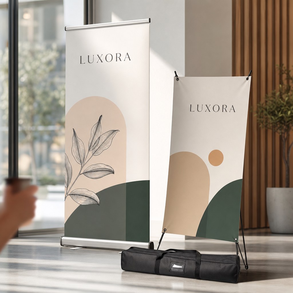 Roll-Up & X-Banners – range of options: A roll-up banner and an X-banner stand side by side, with a carry bag