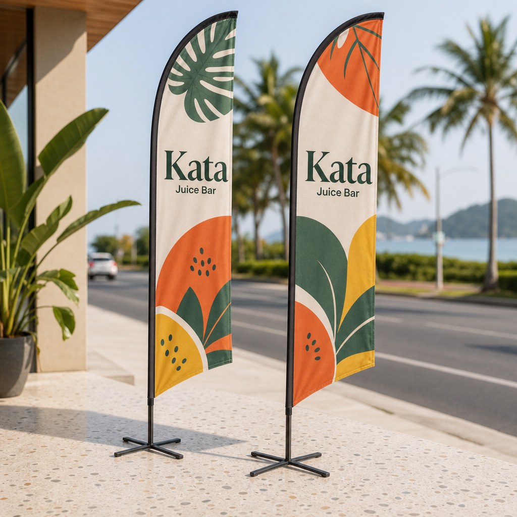 Feather & Teardrop Flags – Two feather flags with bold colourful design standing outdoors on a sunny roadside