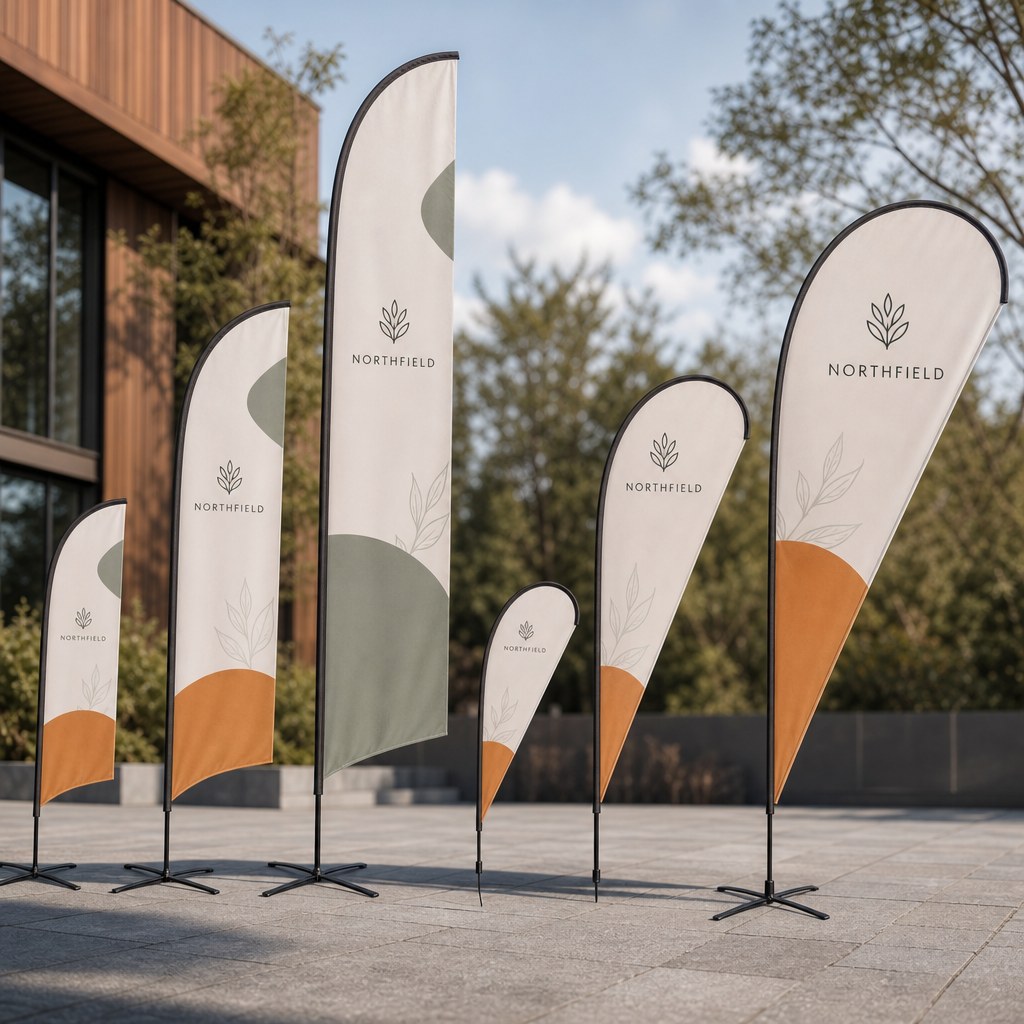 Feather & Teardrop Flags – range of options: Feather flags and teardrop flags in small, medium and large heights