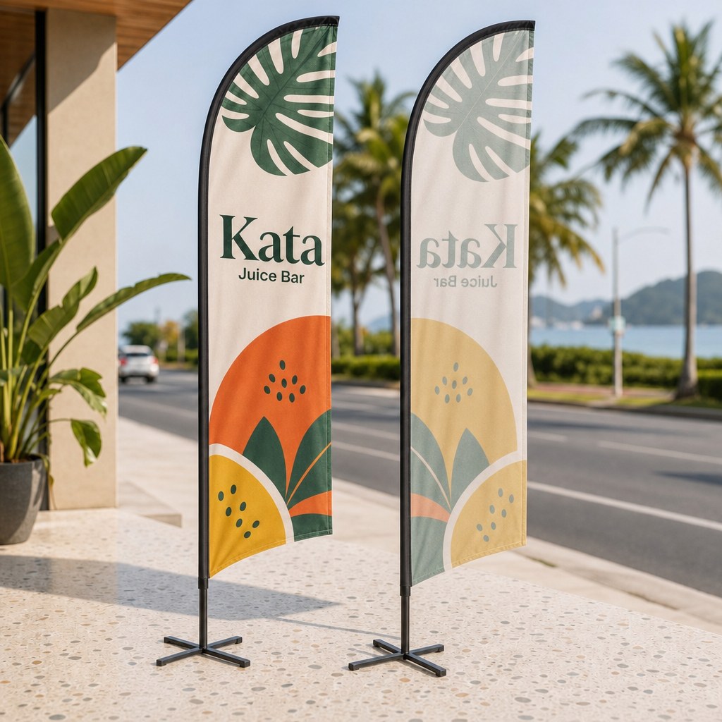 Feather & Teardrop Flags, printed on one side (illustration)