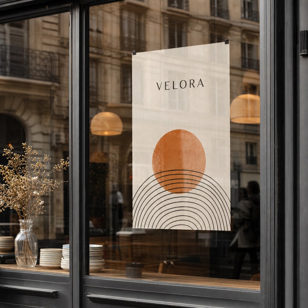 Posters – in use: A poster in a café window with street reflections