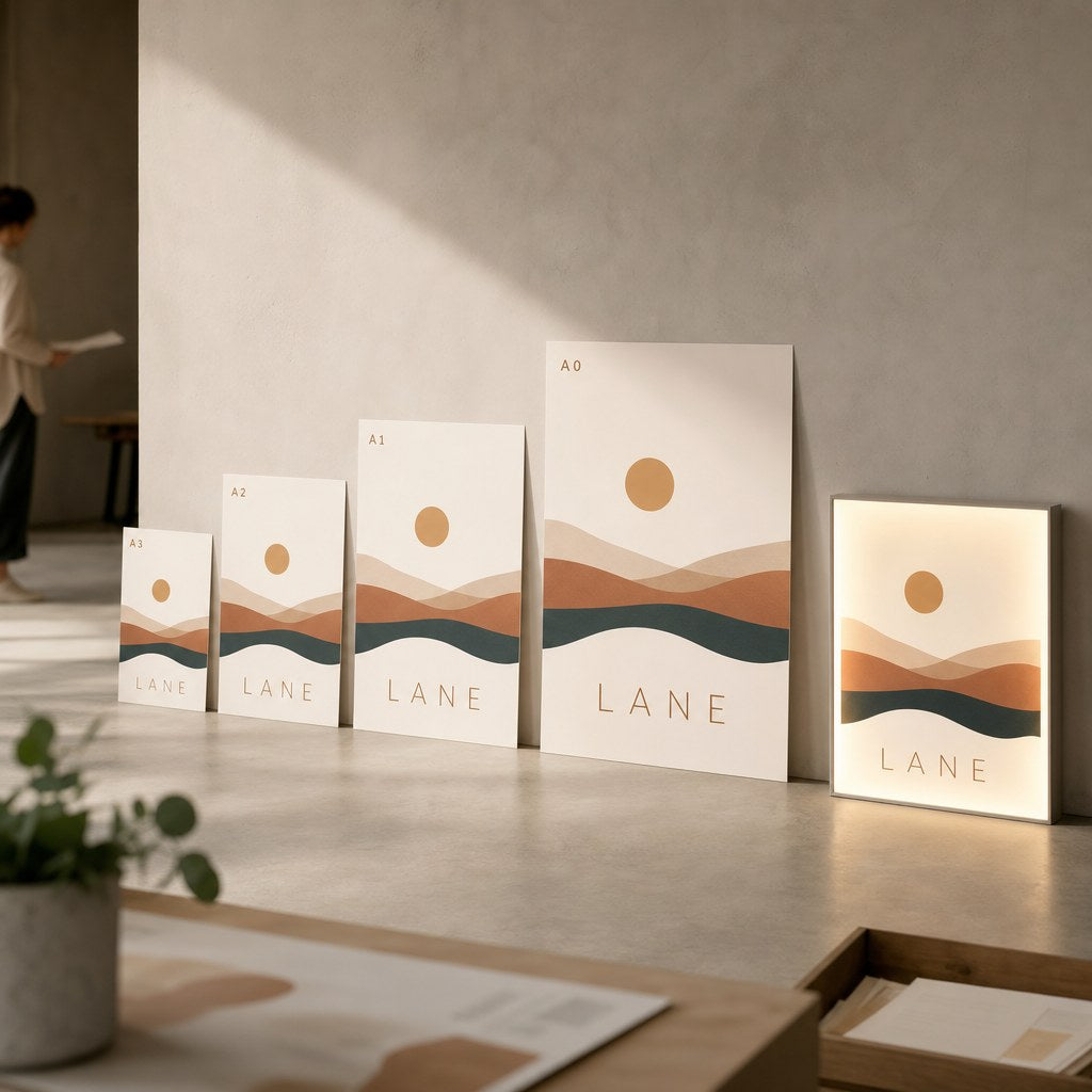 Posters – range of options: Unframed posters from A3 to A0 lined up against a wall, one backlit light box