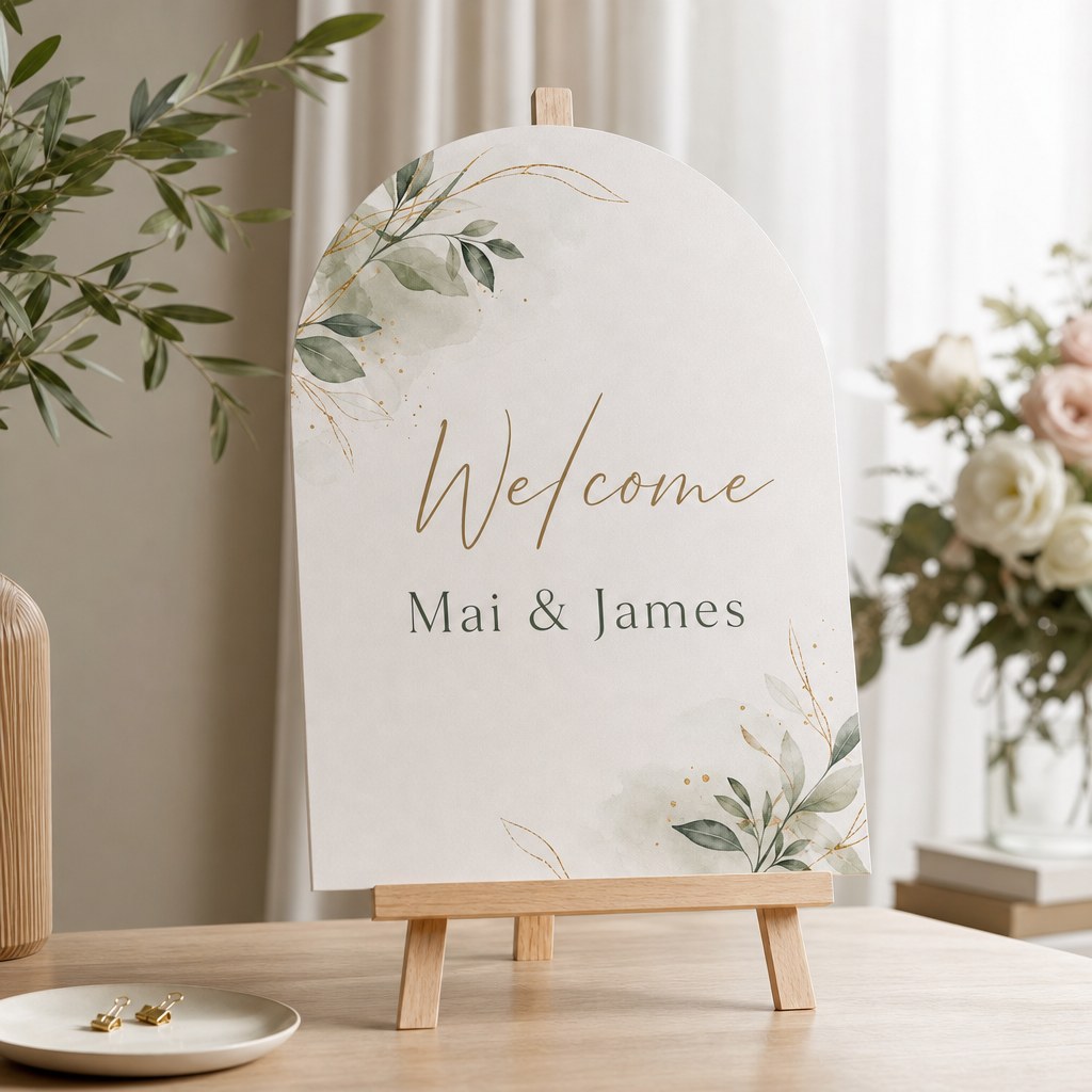 Foam Board Signs – An arched foam board wedding welcome sign on a wooden easel, elegant script
