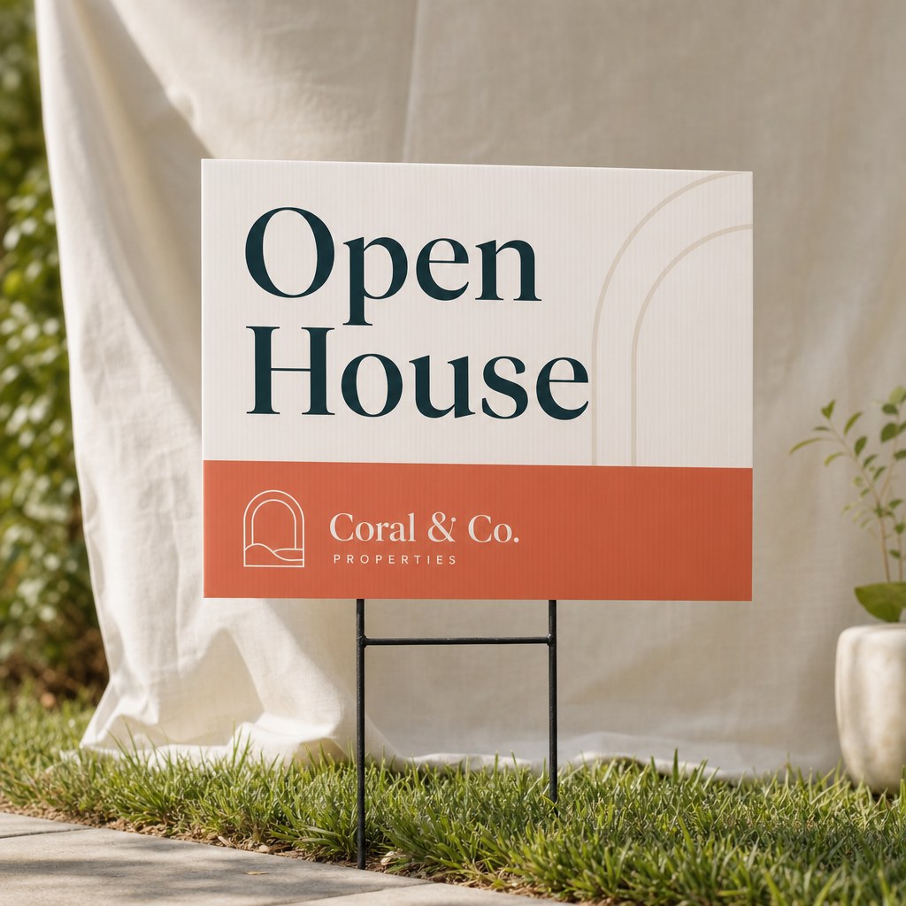 Corrugated Plastic Signs – A corrugated plastic yard sign on a metal H-stake in a grassy verge, bold simple design