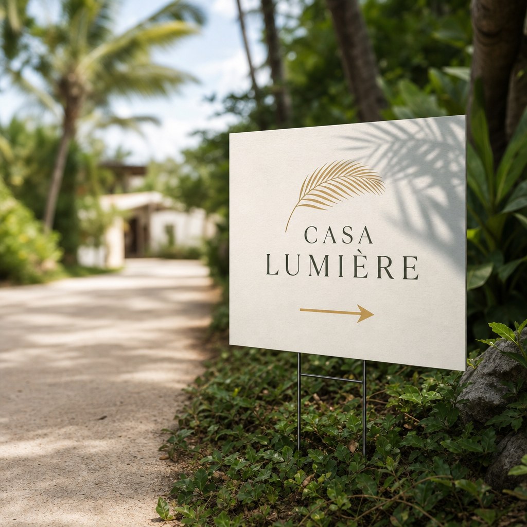 Corrugated Plastic Signs – in use: A corrugated plastic yard sign on a wire H-stake pointing the way to a villa along a tropical lane