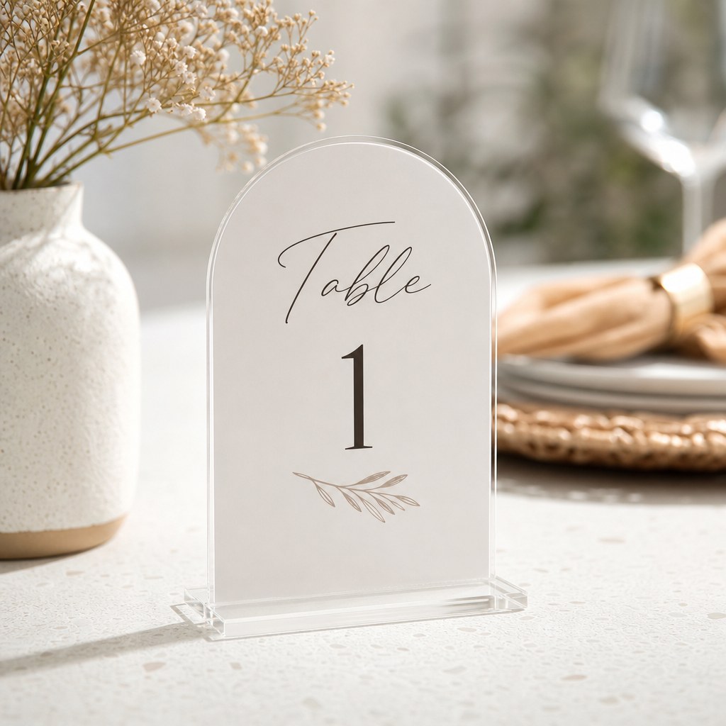 Acrylic Table Signs – A clear acrylic arch table sign on a stand with elegant white printed text