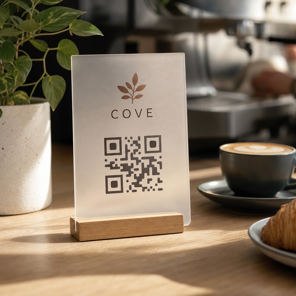 Acrylic Table Signs – in use: A frosted acrylic sign with a simple QR-style graphic on a café counter