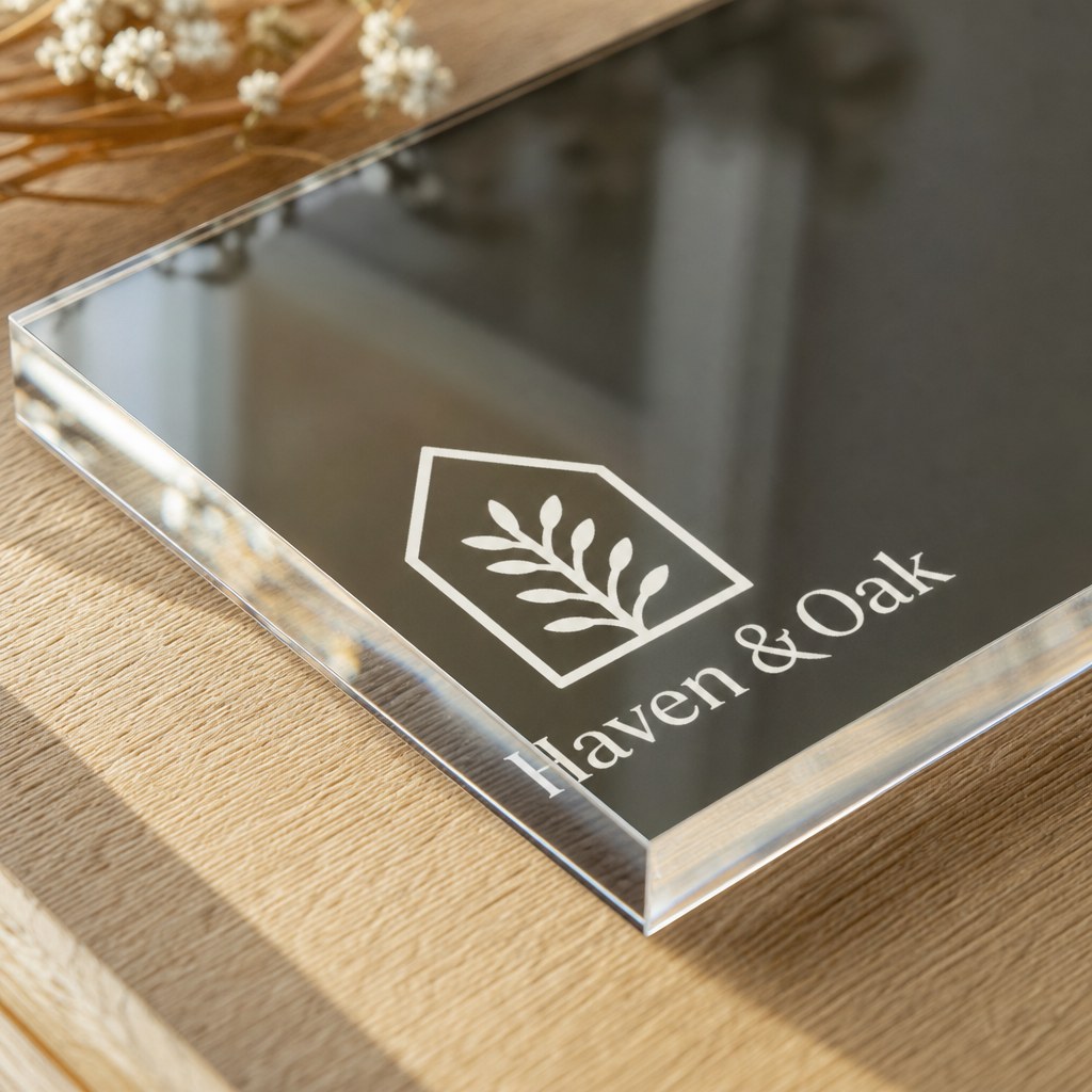 Acrylic Table Signs – close-up: Close-up of the polished acrylic edge and white ink printing