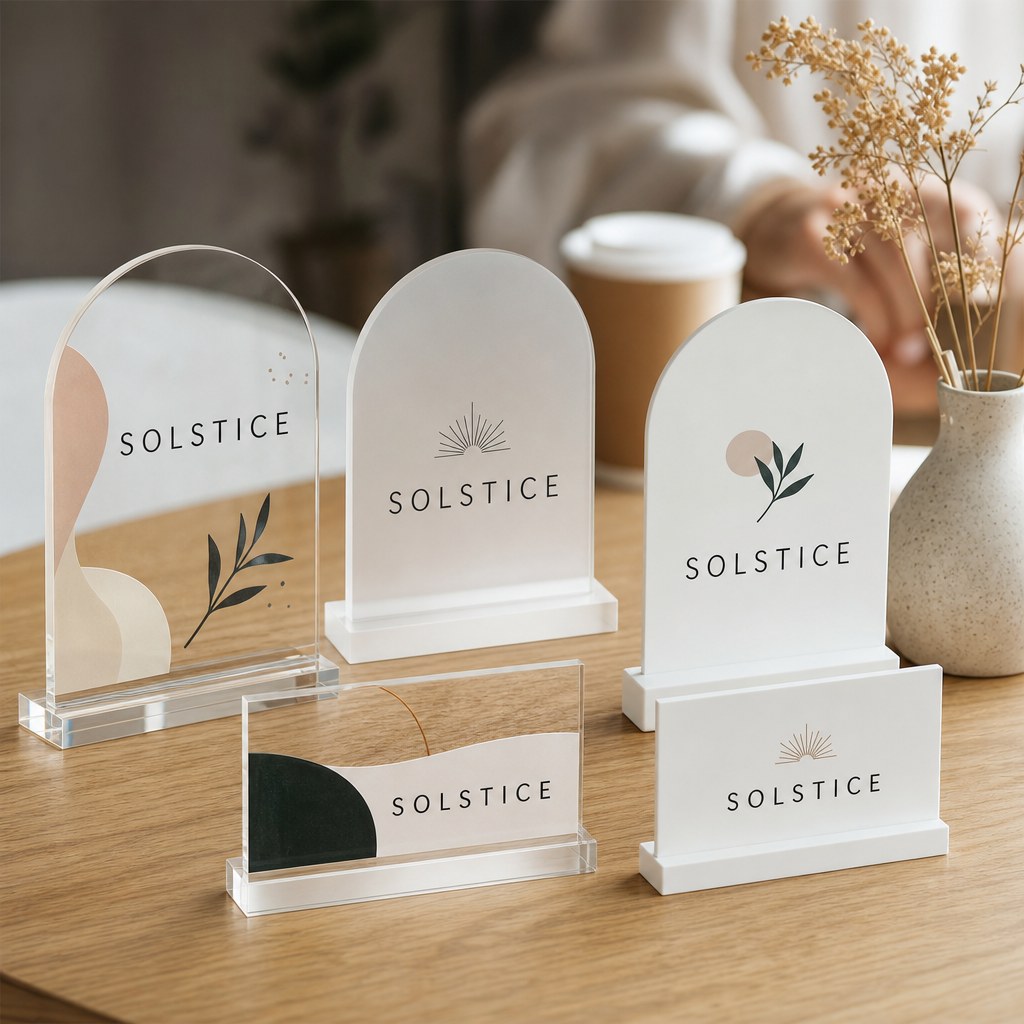 Acrylic Table Signs – range of options: Acrylic table signs in clear, frosted and white, arch, half-arch and rectangle shapes